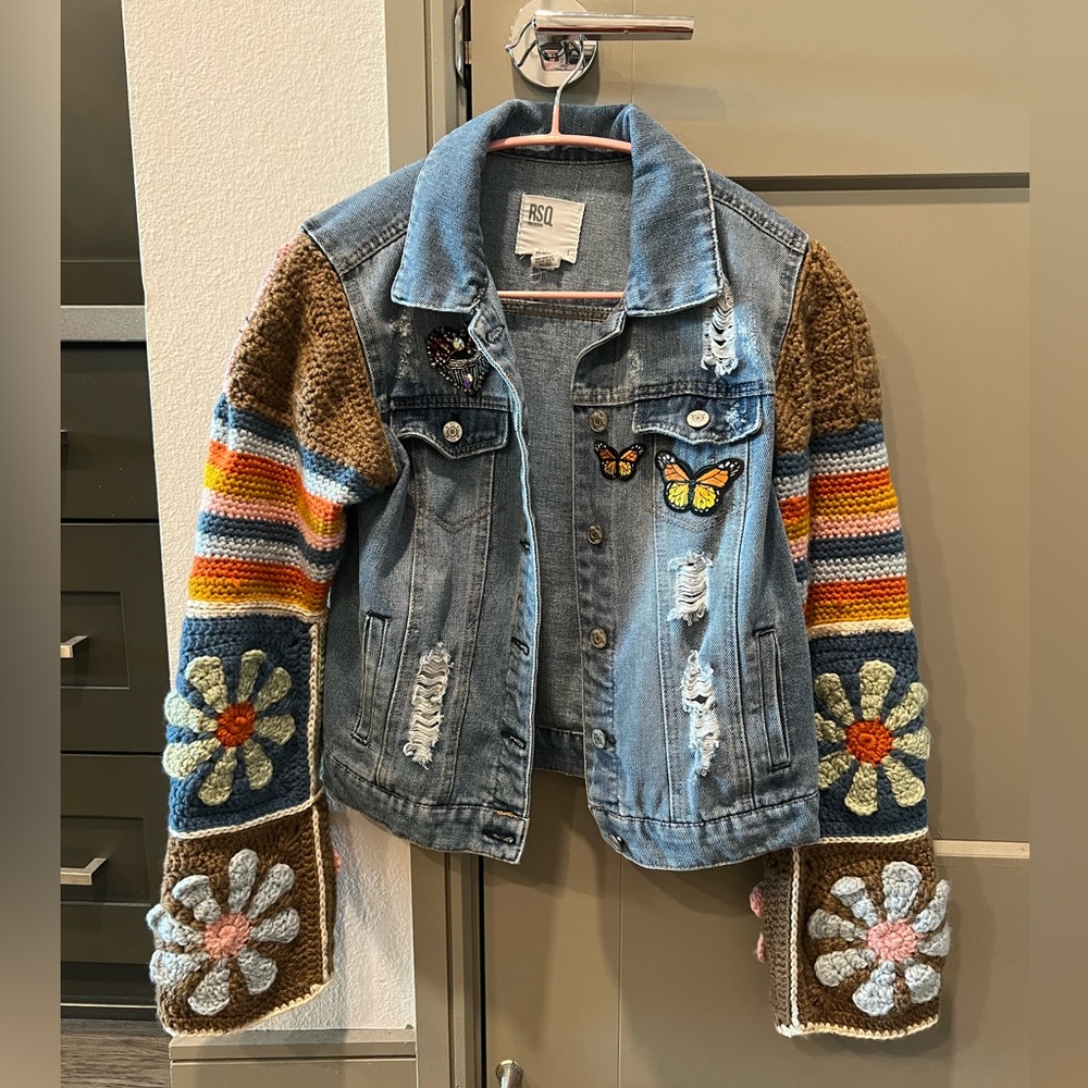 Denim Jacket with Crocheted Granny Square Sleeves- Free People Inspired